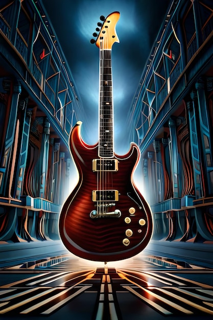 A guitar is shown in a poster that says'guitar'on it.