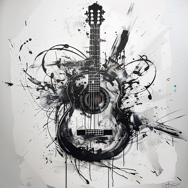 a guitar is shown with a drawing of a guitar in the background