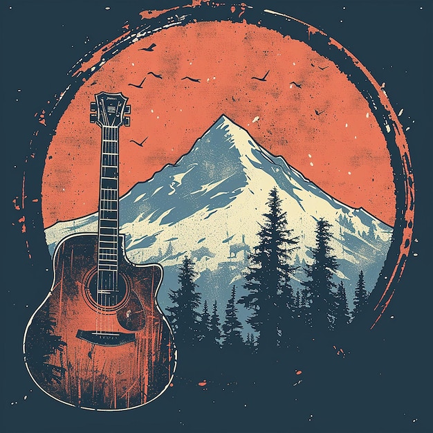 a guitar is shown with a mountain in the background