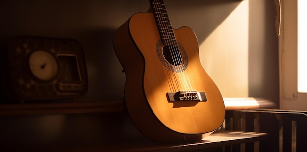 A guitar is sitting on a shelf in a dark room.