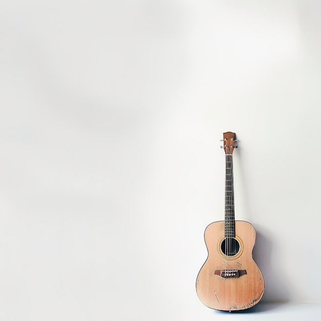 Photo a guitar is sitting on a table and the background is white