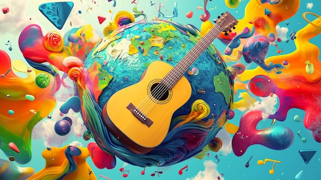 a guitar is surrounded by colorful bubbles and bubbles