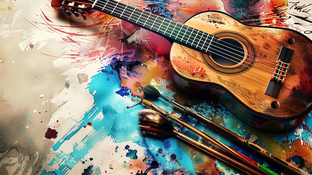 a guitar is on a table with a painting