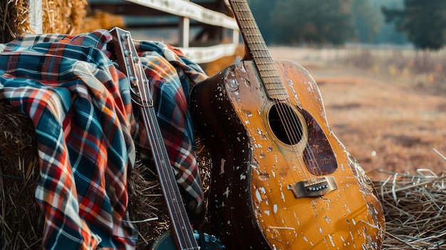 Photo guitar leaning against a hay bale