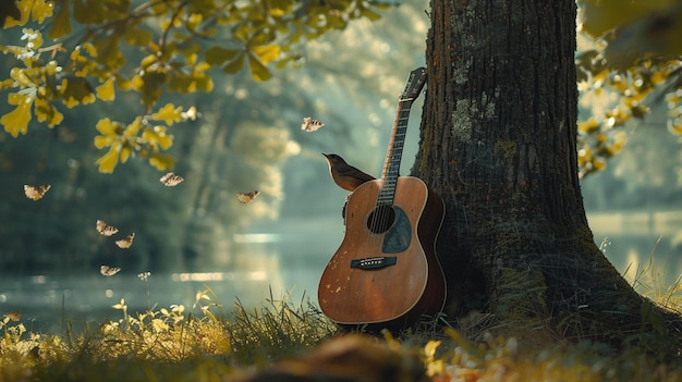 Photo guitar leaning against a tree a bird perched around