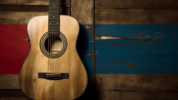 A guitar leaning against a wooden wall