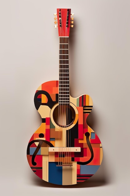 A guitar made out of colorful blocks on a white surface generative ai image