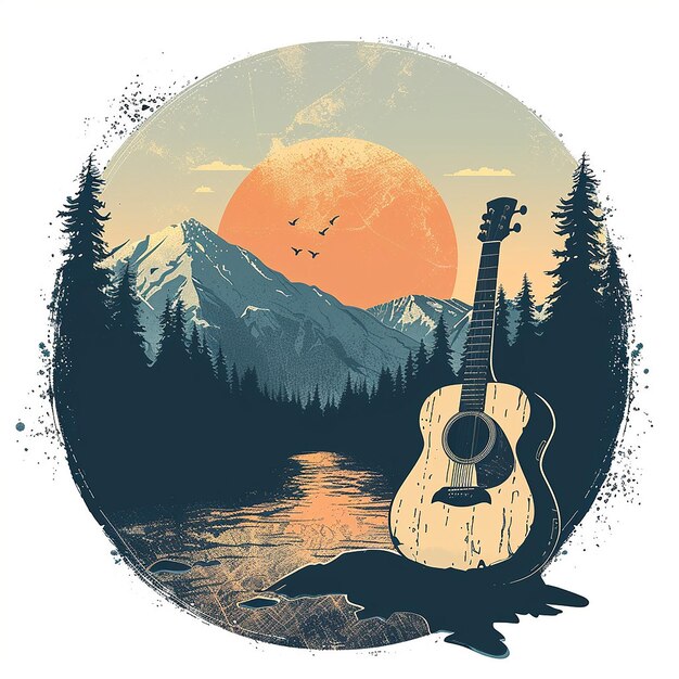 a guitar and a mountain lake with a sunset in the background