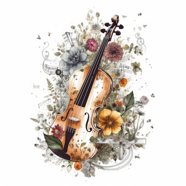 Guitar music clipart with bouquet on white background generative AI