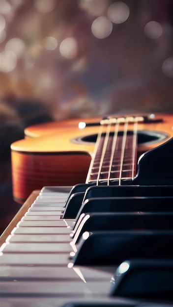 Guitar and piano keys closeup on a blurred background with bokeh