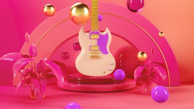 Guitar in pink space 3d illustration render