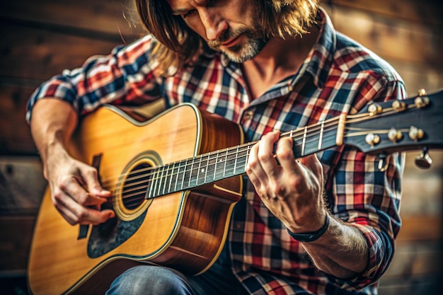 Guitar player playing acoustic guitar close up