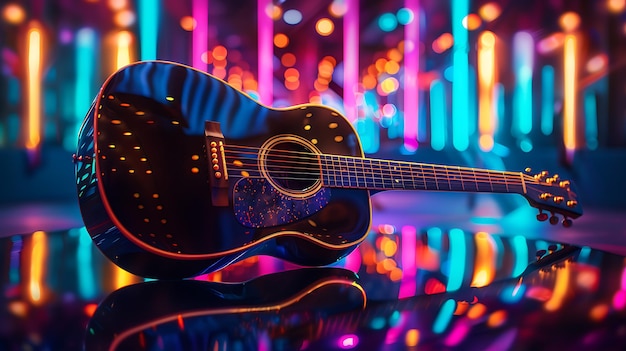 a guitar sits on a reflective surface with a colorful background