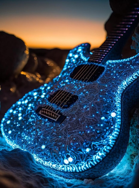 A guitar that has been painted with blue lights.