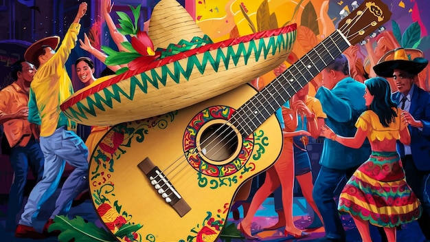 a guitar that has a sombrero on it