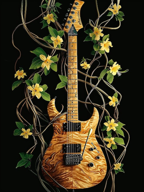 a guitar that has a yellow body and a tree with flowers in it