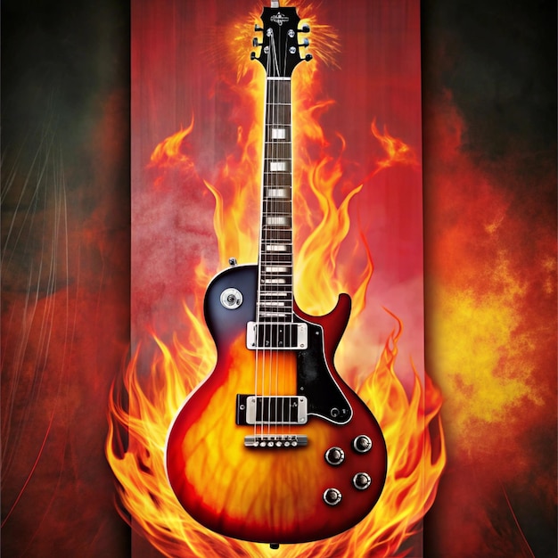 Photo a guitar that is painted in flames with a picture of a guitar on it