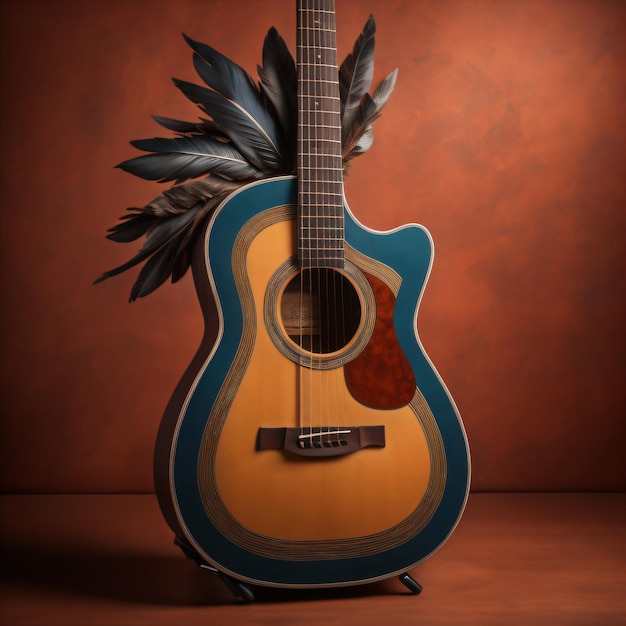 A guitar with a feathered head and a feathered feathered head.