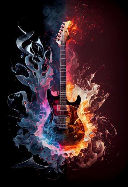 A guitar with a flame in the middle