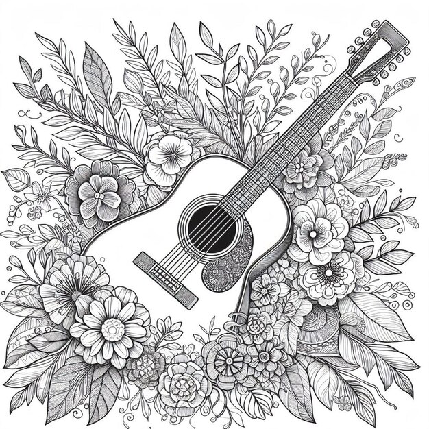 Guitar with Flowers coloring page