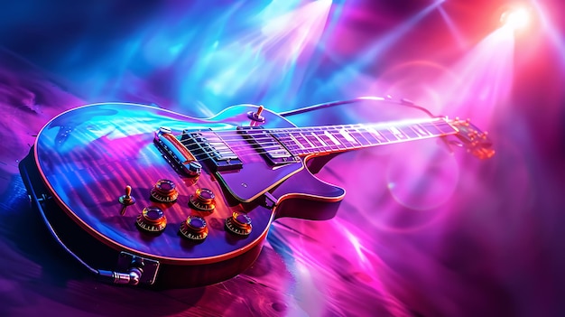 a guitar with a guitar on the front and a purple background