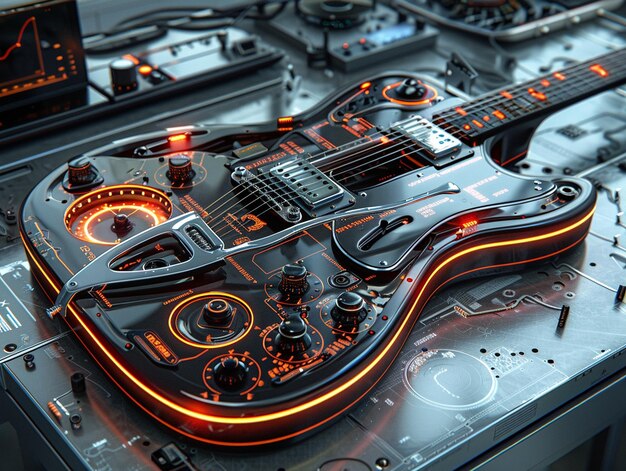 Photo a guitar with a neon light on it