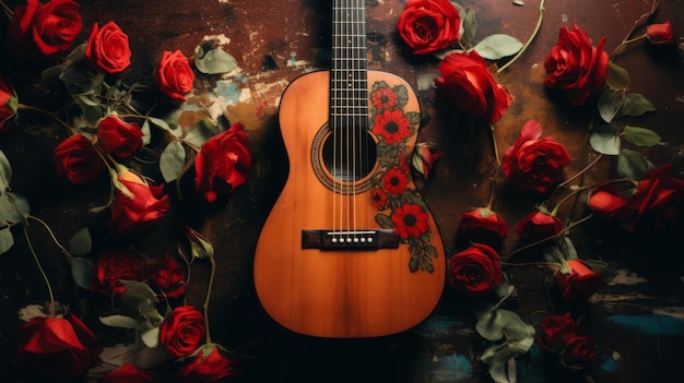 A guitar with a red flower on it