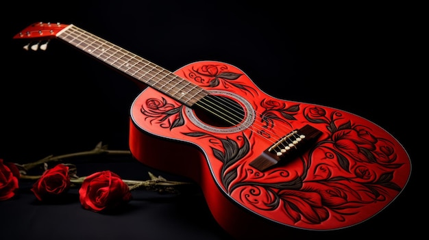 A guitar with a red flower on it