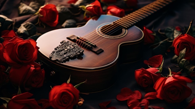 A guitar with a red flower on it