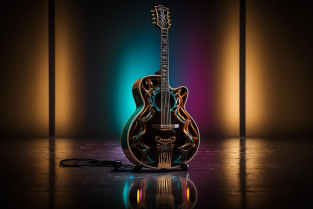 A guitar with a skull on it sits on a stage in front of a colorful background.