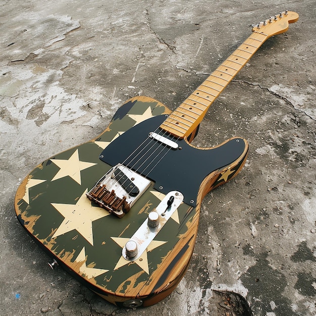 Photo a guitar with stars and stars on it sits on a concrete surface