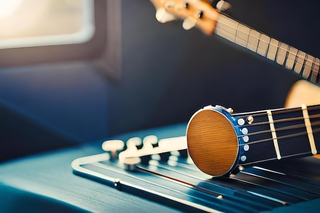 A guitar with a wooden bass on the front.