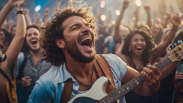 Guitarist performing live at a music festival