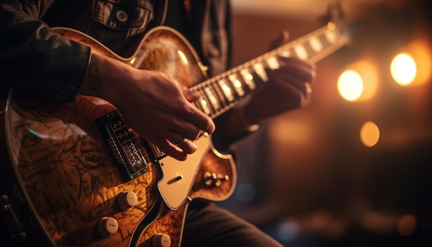 Guitarist playing electric guitar on stage at night generated by AI