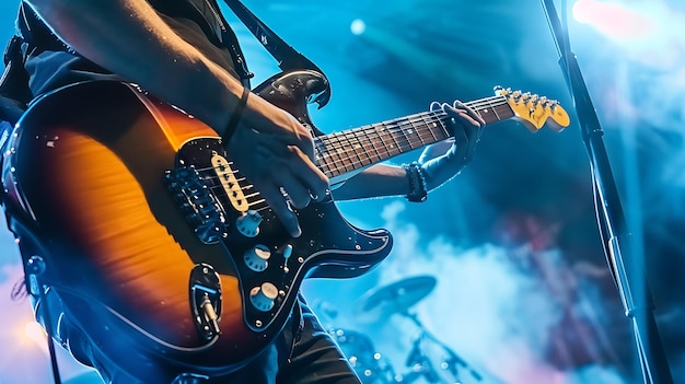 Guitarist Playing on Stage with Blue Lighting