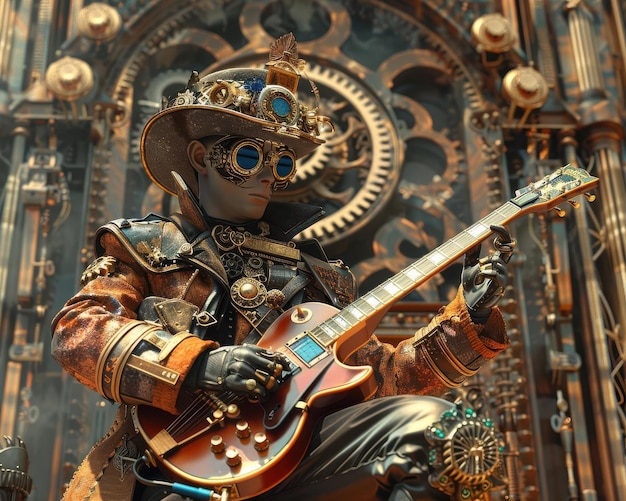 Photo guitarist in a steampunk outfit performing on a stage with gears and cogs brown and gold tones 3d rendering