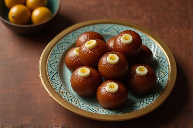 Gulab jamun arranged in a circular pattern on a plate