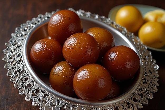 Gulab jamun in a clear glass bowl with a sprinkle of c