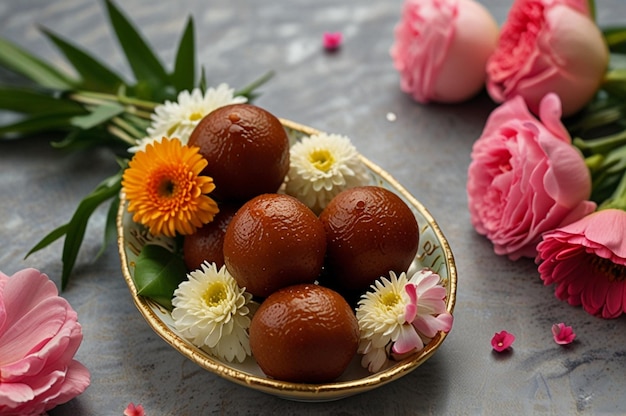 Gulab jamun on a marble platter with fresh flowers