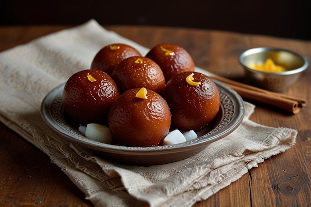 Gulab jamun with a garnish of cinnamon sticks