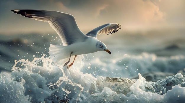 A gull flying over the ocean High quality