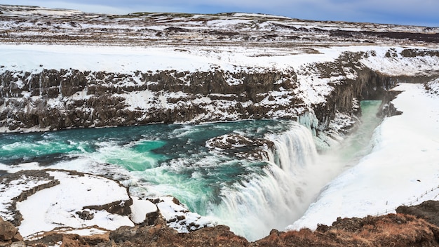 Gullfoss or Golden waterfall in winter season