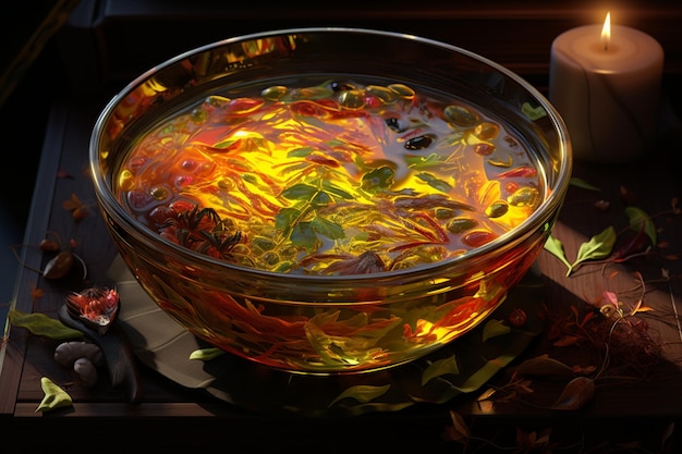 Gumbo in a crystalclear bowl with glowing spices and reflections