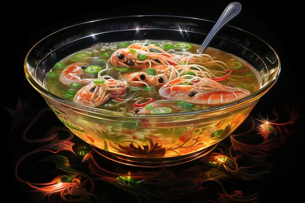 Gumbo in a crystalclear bowl with glowing spices and reflections