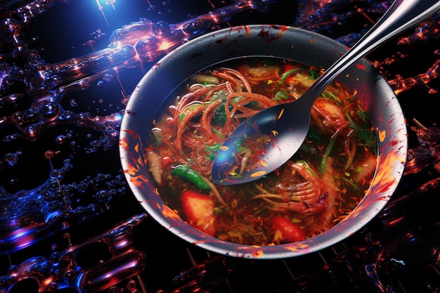 Photo gumbo with holographic textures in a scifi dining setting