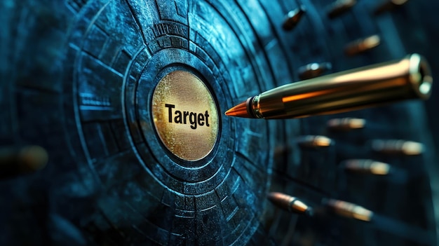 Photo a gun bullet moving to target on a futuristic background signifying a goal successfully scored