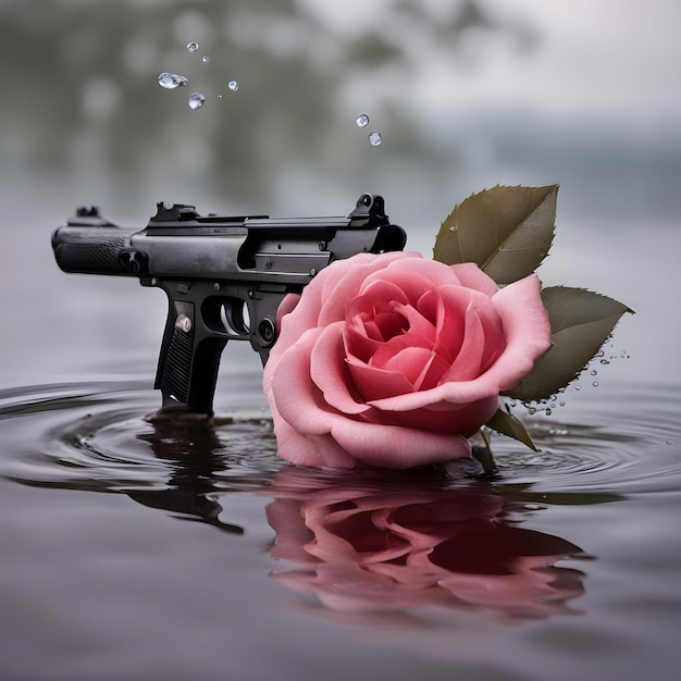 Gun and rose in water symbol of war and peace