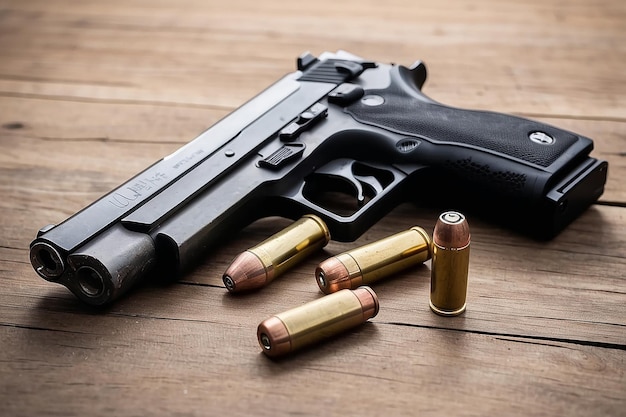 gun sitting on a table with bullet shells