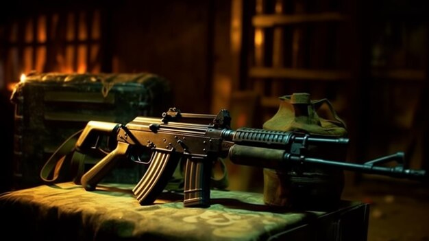 A gun on a table with a bag of stuff behind it