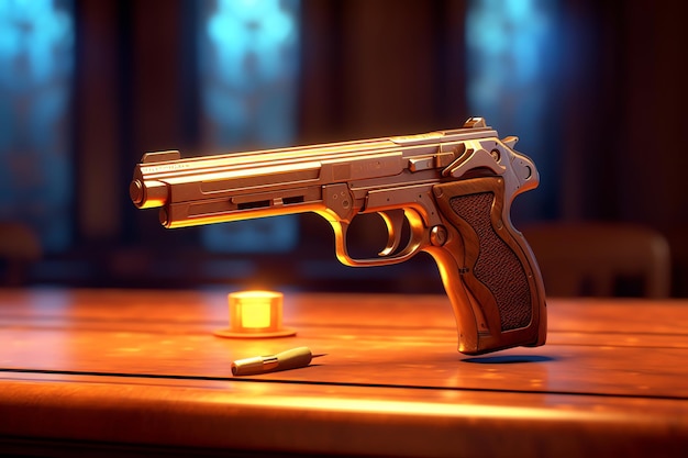 A gun on a table with a lit candle behind it